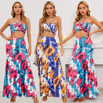 Sexy Bohemian Print Dress Hit Cable Hanging Neck Top + Package Hip Fishtail Skirt Two-Piece Women's Clothing